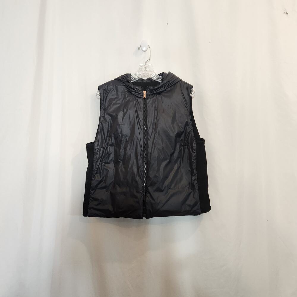 LOFT Grey Black Hooded Puffer Vest Knit Lightweight Rose Gold Hardware FLAWED